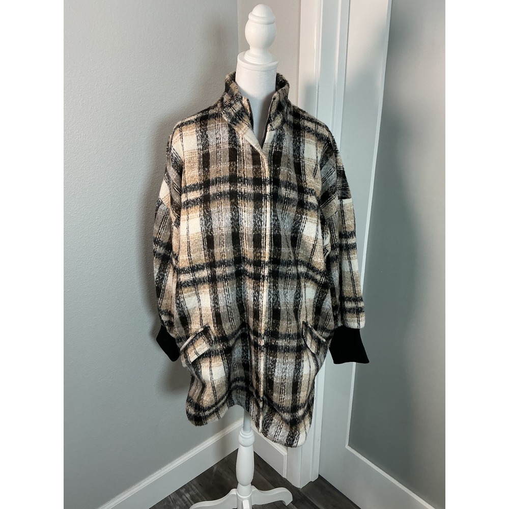 BB Dakota Plaid Times Coat Cream Black Oversized Zip Shacket Size M